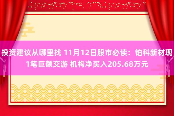 投资建议从哪里找 11月12日股市必读：铂科新材现1笔巨额交游 机构净买入205.68万元