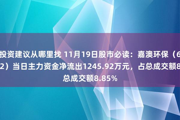 投资建议从哪里找 11月19日股市必读：嘉澳环保（603822）当日主力资金净流出1245.92万元，占总成交额8.85%