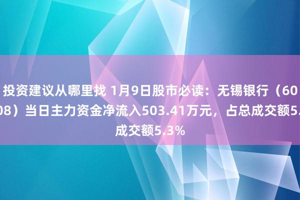 投资建议从哪里找 1月9日股市必读：无锡银行（600908）当日主力资金净流入503.41万元，占总成交额5.3%